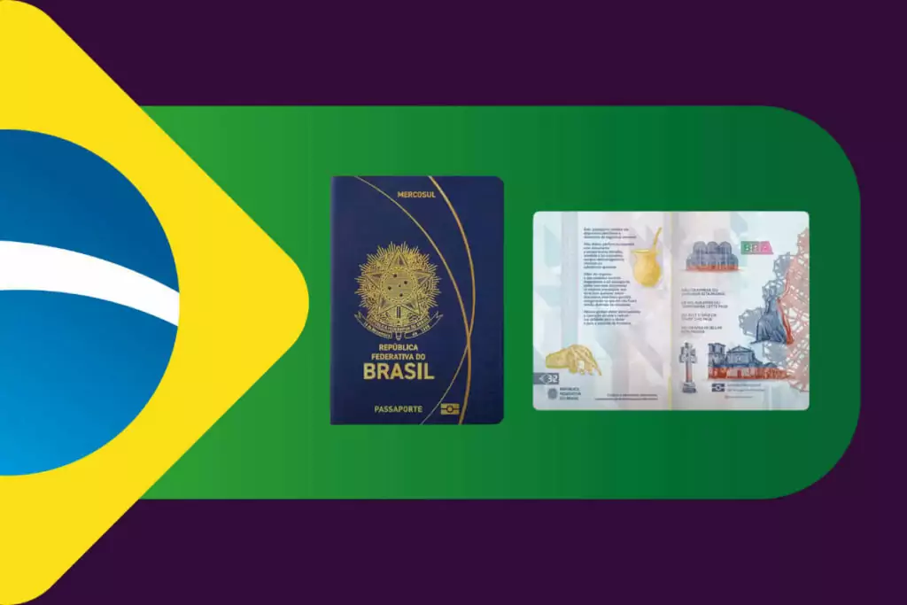 Desenho da bandeira do Brasil com novo modelo do novo passaporte brasileiro